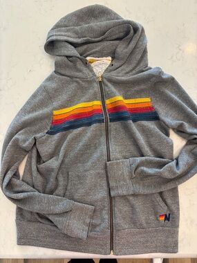 Aviator Nation Grey Hoodie with Yellow and Orange Label Stripe